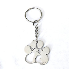 Dog and Cat in Paw Print Keychain Stainless Steel Pet Lover Charm Accessory