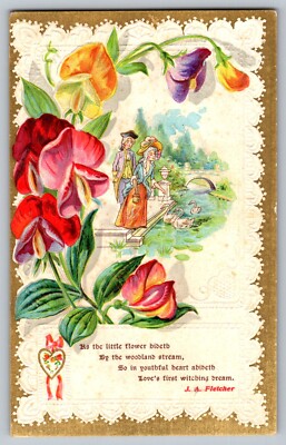 Poem Postcard - Flowers and Courting Scene - J. A. Fletcher