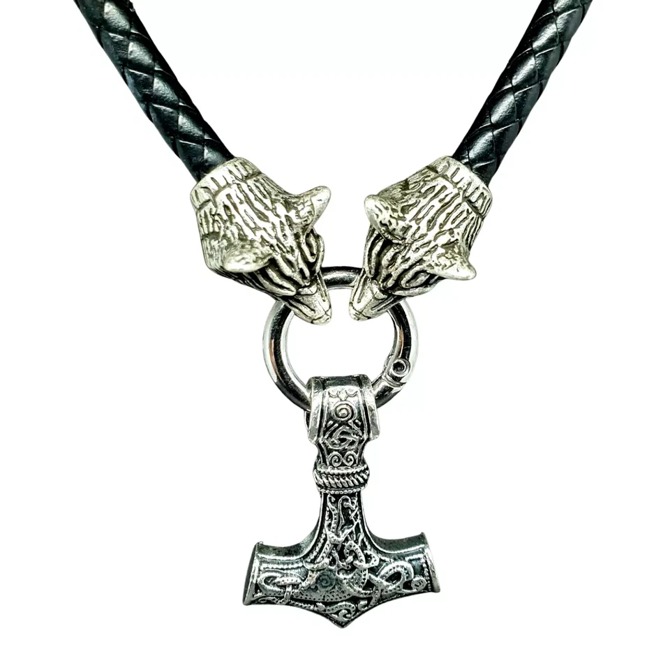 Collar de cuero colgante Wolf Torque Thors Hammer pesado Fenrir serpiente joyería Foto 3 de 4