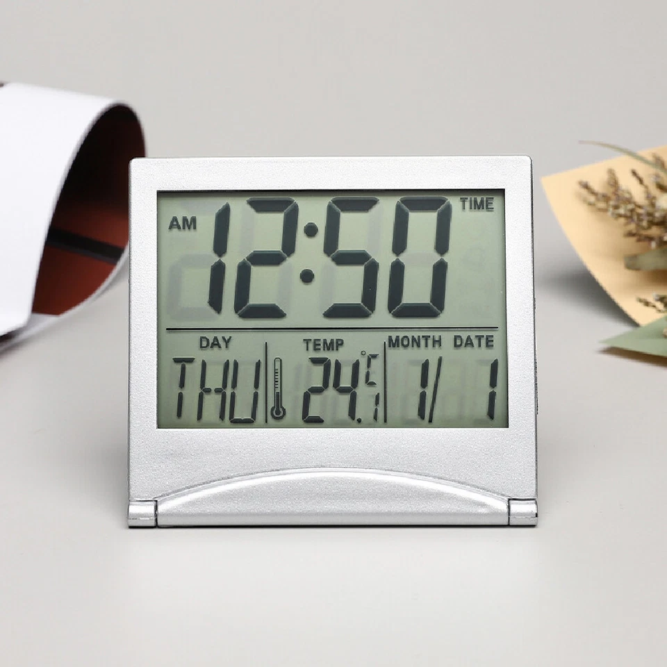 Digital Travel Alarm Clock Foldable Temperature LCD Clock Compact Desk Timer New - Image 2 of 4