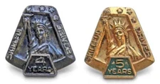 1940s± LIBERTY MUTUAL statue SKILLFUL DRIVER award lapel pins 4 yrs 5 yrs