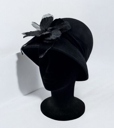 VTG Gabriel Amar For Frank Olive Black Bucket Cloche Fur Felt Hat w Faux Flower