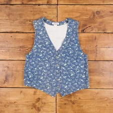 Vintage Cherokee Vest Gilet M Flowers Floral Blue Womens Button