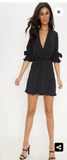 Pretty Little Thing Black Frill Detail Pleated Skater Dress Uk 4 Rrp£35