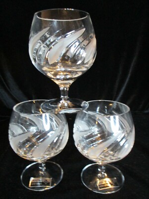 RARE POLTAR CRYSTAL 24% LEAD 3 BRANDY GLASSES GOBLETS FROSTED CUT SWIRLS 5'' TALL