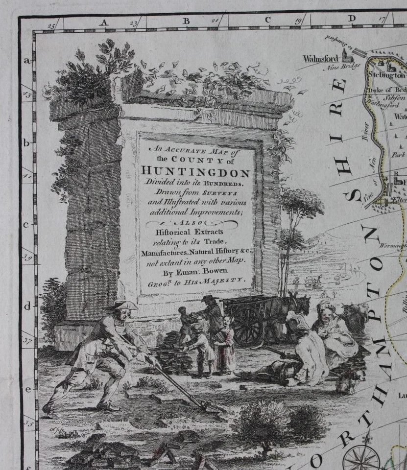 Оригинальная большая антикварная карта ХАНТИНГДОНШИР, большой английский атлас, E Bowen, c.1779 - Изображение 2 из 4