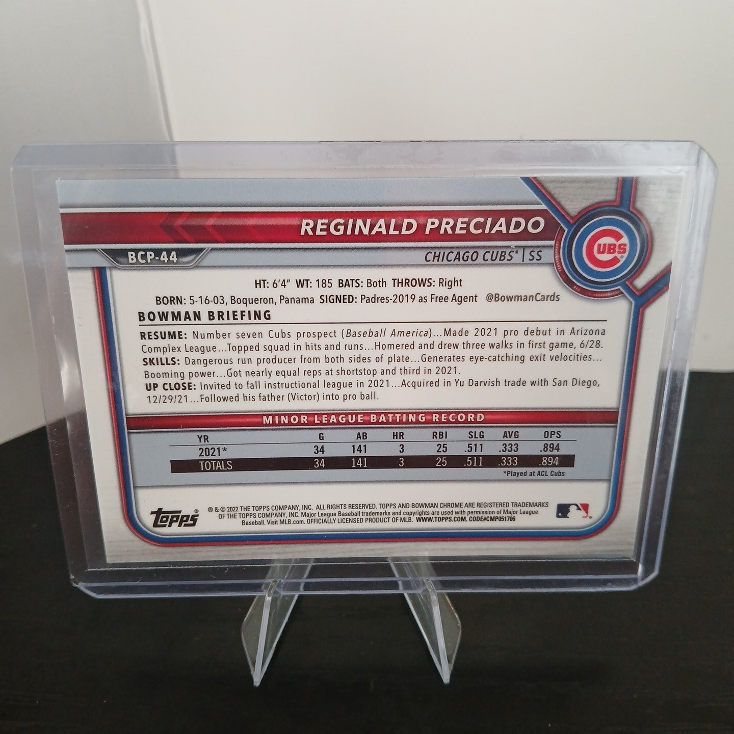2022 Bowman - Chrome Prospects Reginald Preciado #BCP-44 Speckle Refractor /299 view 2