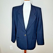 TALBOTS PETITES Vtg Navy Wool Blazer 12P One Button Pockets Career Wear Office