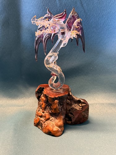 Glass Dragon Figurine - Hand Blown Glass Art, Medieval Dragon on Wood Stump