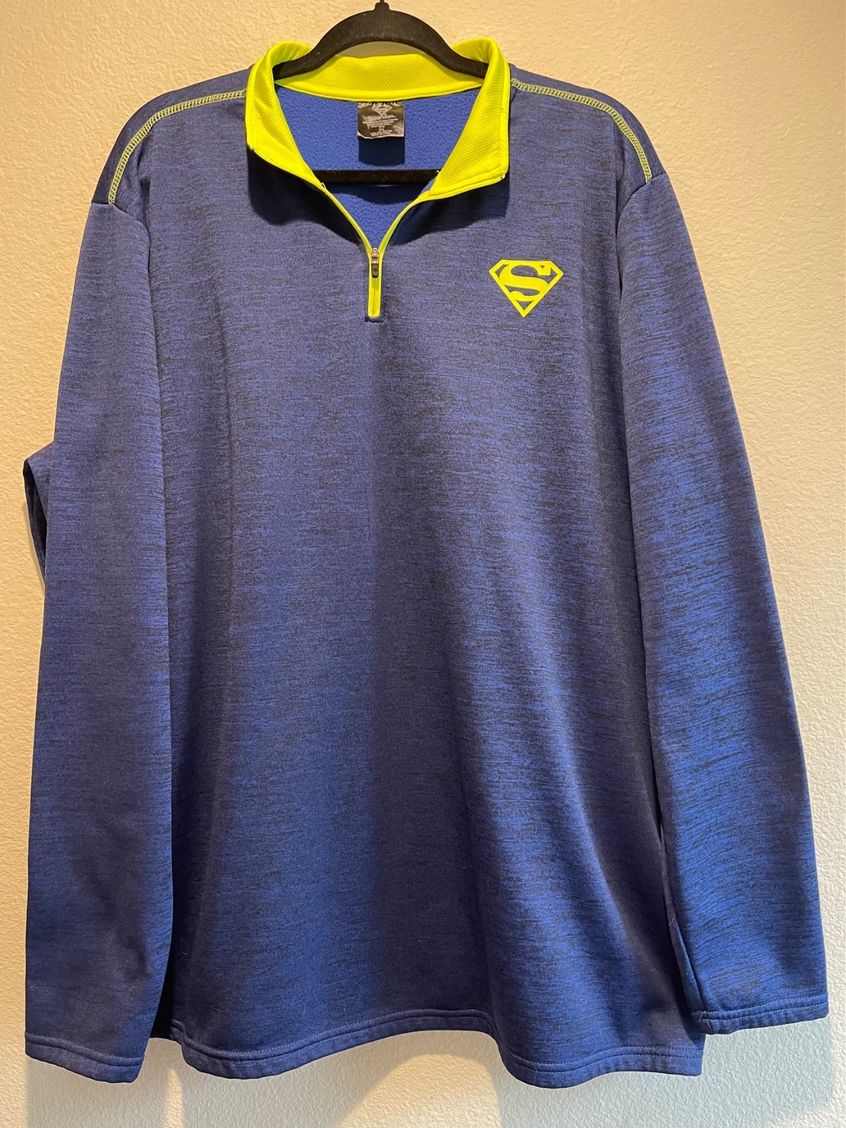 DC Comics Superman 1/4 Zip Knit Pullover w/Fleece, Blue w/Yellow, Men’s 2XL