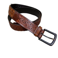 Vintage Tooled And Woven Leather Belt Size L/XL 35/36 Inch Brown Western