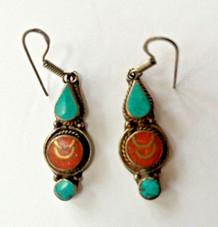 Handcrafted Tibetan .925 Silver Turquoise Coral Pierced Dangle Earrings