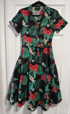 Collectif Caterina Tropical Paradise hibiscus palm leaves shirt dress 12 1950s