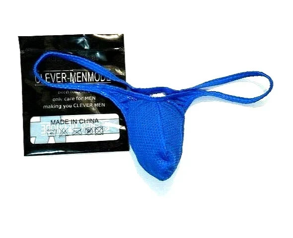 Men's Size L (USA-M) Sheer See Through T-Back Thong - Blue - Waffled Fabric