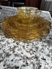 4 Federal Amber Mayfair 7” Plates Depression Glass + Cup & Saucer Yellow Rose