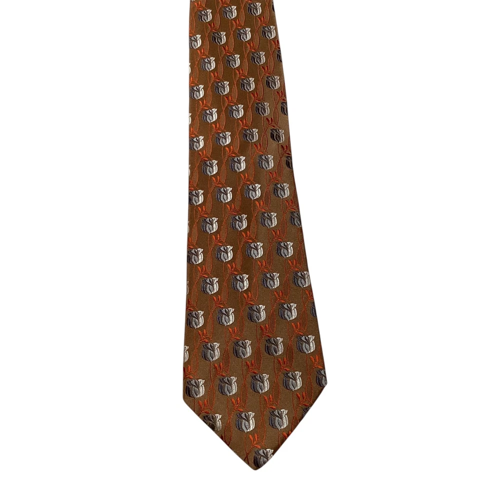 ERMENEGILDO ZEGNA Men's Silk Necktie ITALY Luxury FLORAL Brown/Gray/Orange EUC - Image 2 of 3