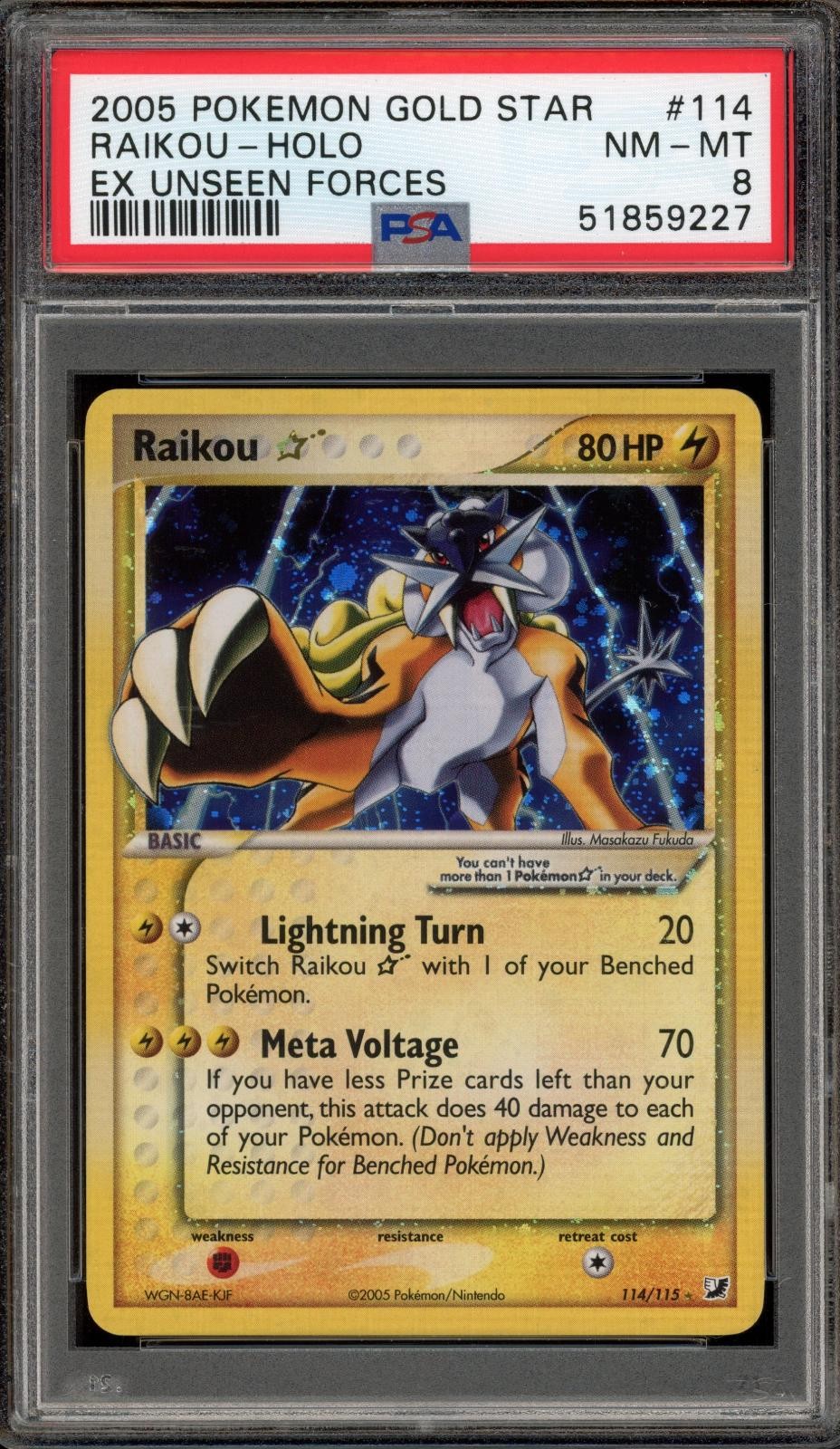 Pokemon Raikou Gold Star Holo EX Unseen Forces 114/115 PSA 8