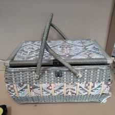 Vintage large  Mid Century Woven Wicker Sewing Basket with bits  please read