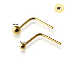 Solid Gold L shaped nose stud 9ct carat with small 1.5 or 2 mm  gold ball top