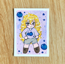 ACEO Original Blueberry Girl Cute Painting by applem3l Miniature Art
