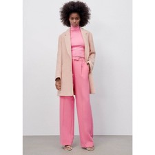 Zara Tweed Long Textured Collared Single Breasted Blazer Coat Pastel Pink Small