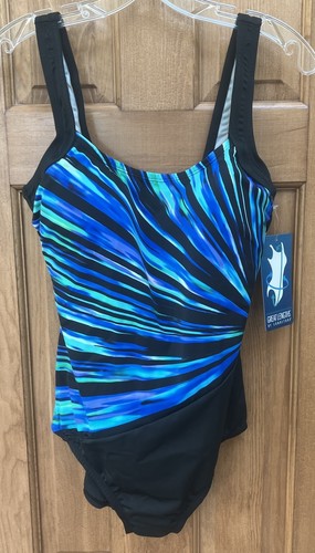 Great Lengths by Longitude Sz 14 Swimsuit Black w Blue & Aqua Diagonal Stripes