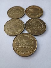 5 GRAND CASINOS MS. ARCADE LOGO TOKENS GREAT FOR ANY VINTAGE COLLECTION!