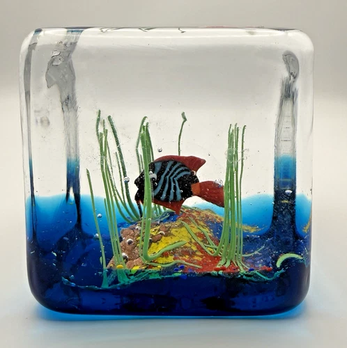 V’tge🔥 Authentic Murano Glass Fish Aquarium Cube Paperweight 2.5” Italy