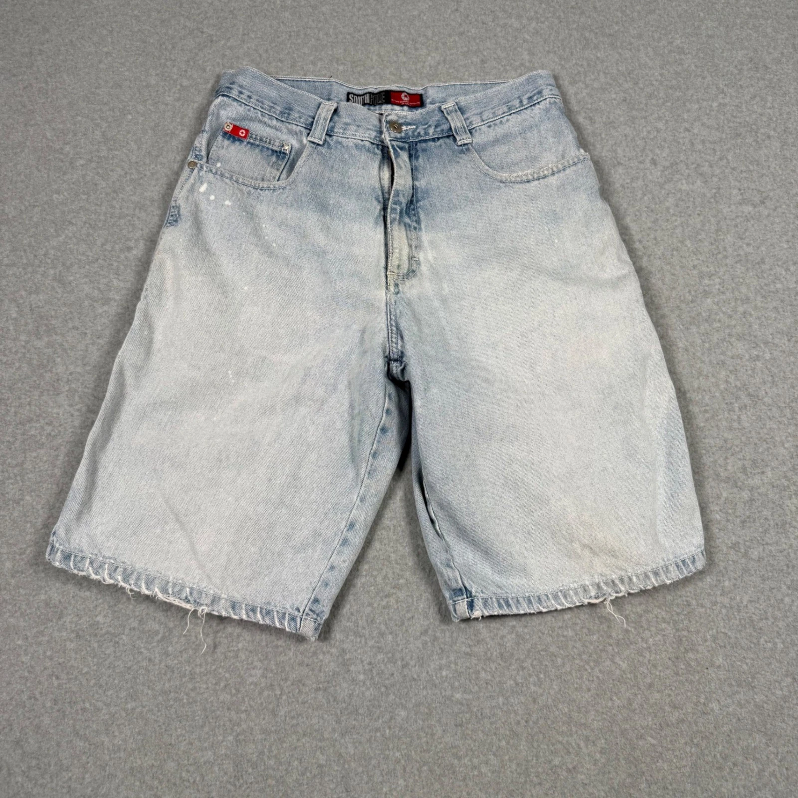 Southpole Mens Denim Carpenter Shorts Light Wash Vintage Y2K Baggy Frayed Hem 34