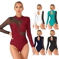 Women Rhinestone Ballet Leotard Mesh Long Sleeve Gymnastics Leotards Dancewear