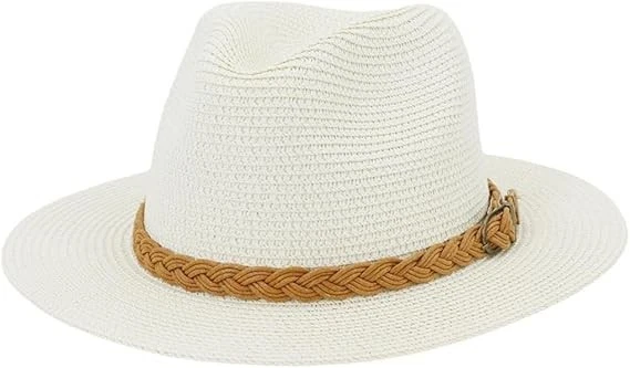 Women Panama Hat Straw Sun Hat Wide Brim Beach Summer Hat White w/ Buckle Band