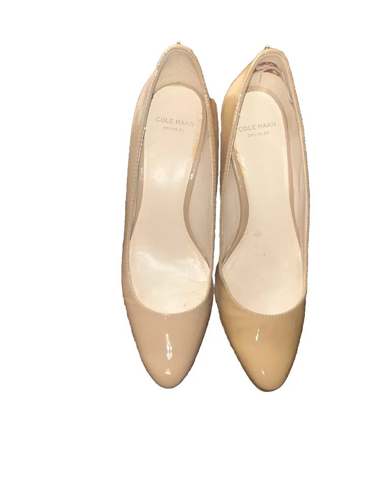 Sapatos femininos Cole Haan 6,5M couro marrom nude biqueira anabela sapatos de salto casuais - Imagem 3 de 4