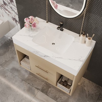 29.9'' Modern Floating Bathroom Vanity with Sintered Stone Top Ceramic Undermou