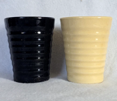 (PAIR) Bauer Pottery Ringware Small Size 3.5" Tumblers HTF Ivory & Black