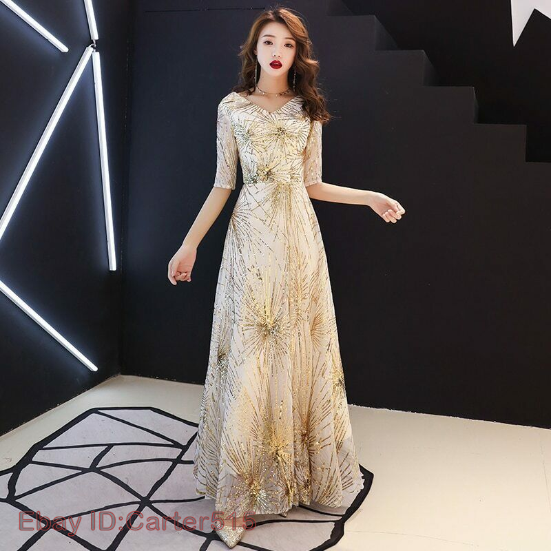 Evening Dress Gold Sequined Crystal O-Neck Black Floor-length Dinner Gowns  dress | eBay