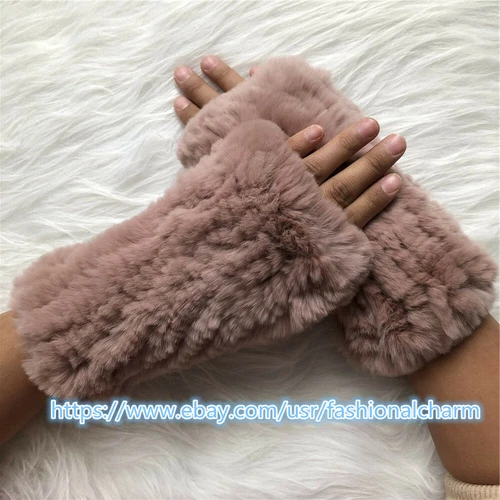 Womens Winter Real Rabbit Fur Gloves Knitted Stretch Fingerless Mitten Gloves - Picture 17 of 102