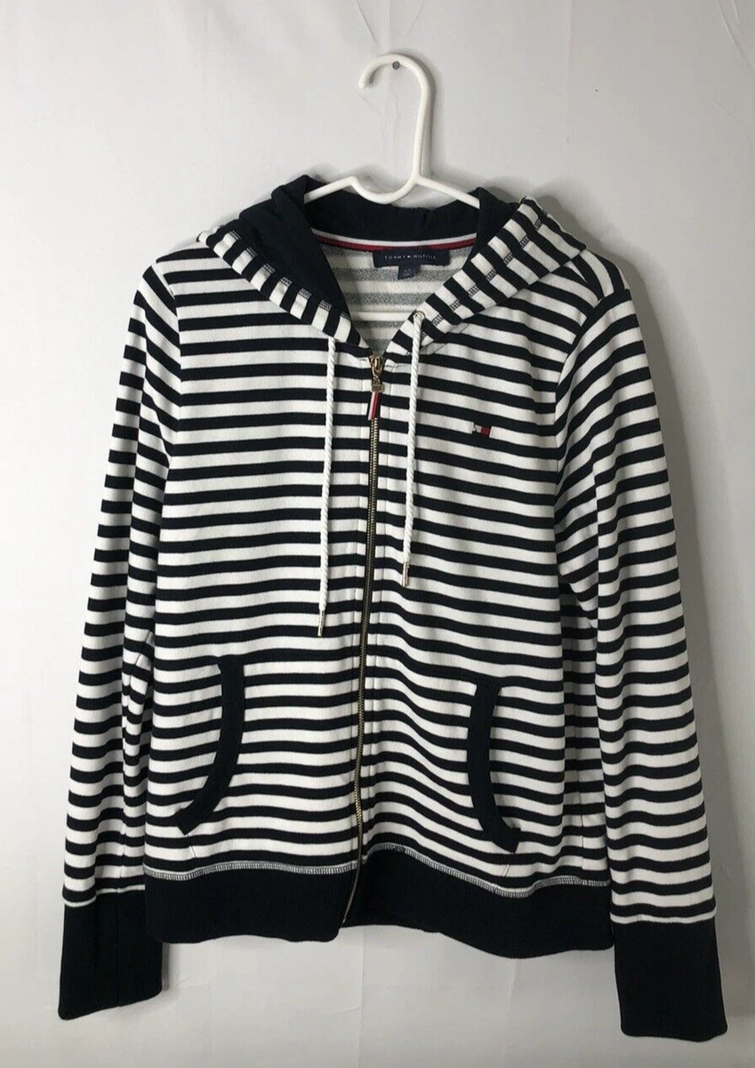 Tommy Hilfiger size L navy white striped zip front hoodie long sleeves pockets