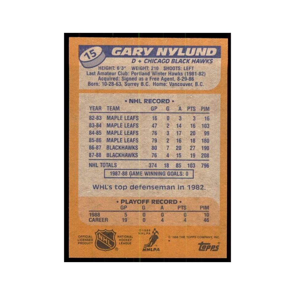 Gary Nylund 1988 Topps #15 Chicago Blackhawks Hockey Card NM - Image 2 of 3