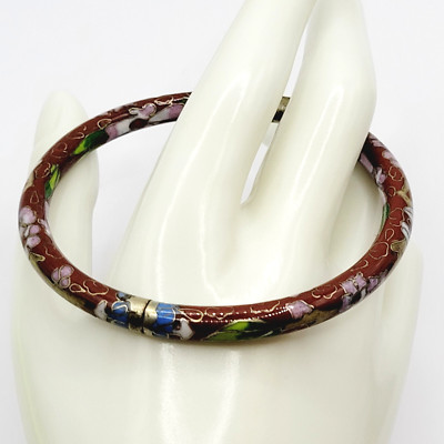 Cloisonné Asian Inspired Red Brown Floral Hand Painted Hinged Bangle Bracelet