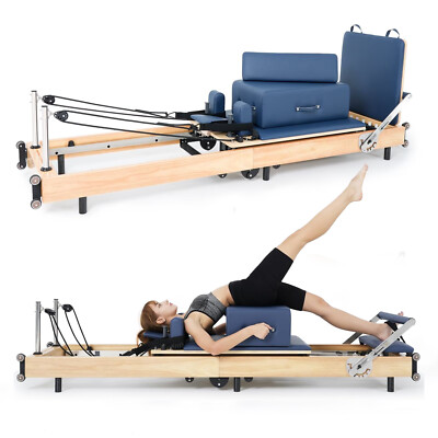 SLSY Pilates Reformer Machine, Foldable Oak Wood Pilates Fitness Equipment Blue