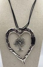 Hammered Silver-Tone Large Heart And Tree Of Life Pendant Cord Necklace 31 Inch