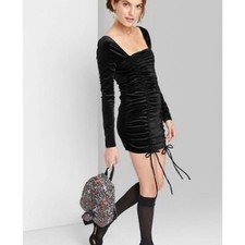 Wild Fable Dress NWT Velour Ruched Mini Long Sleeve Black Velvet Medium Bodycon