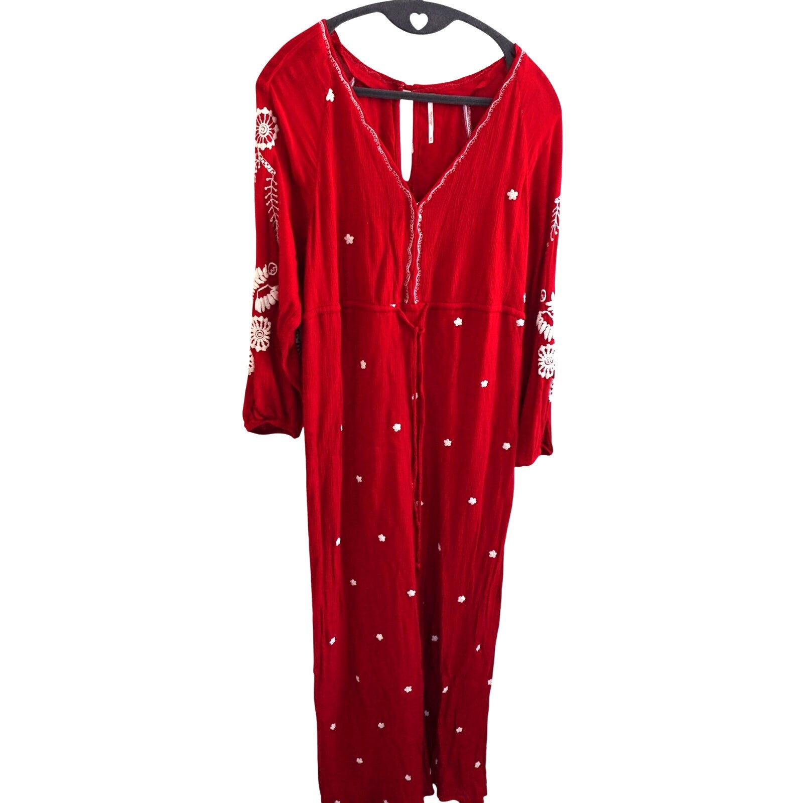 Free People Red Romper XS Jumpsuit Embroidered Boho Wide Leg Festival V-neck