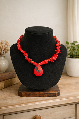 Vintage Red Coral Necklace Boho Statement Teardrop Pendant Beaded Jewelry