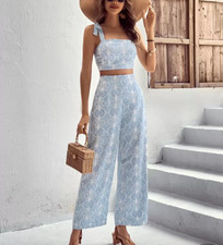 Blue  White Boho Print 2-Piece Co Ord Set Tie Strap Crop Top  Wide Leg Pant, 2