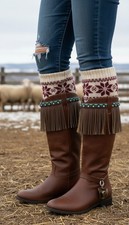 Western Women Boots Toppers Pair Brown Faux Leather Fringes Turquoise Blue Beads