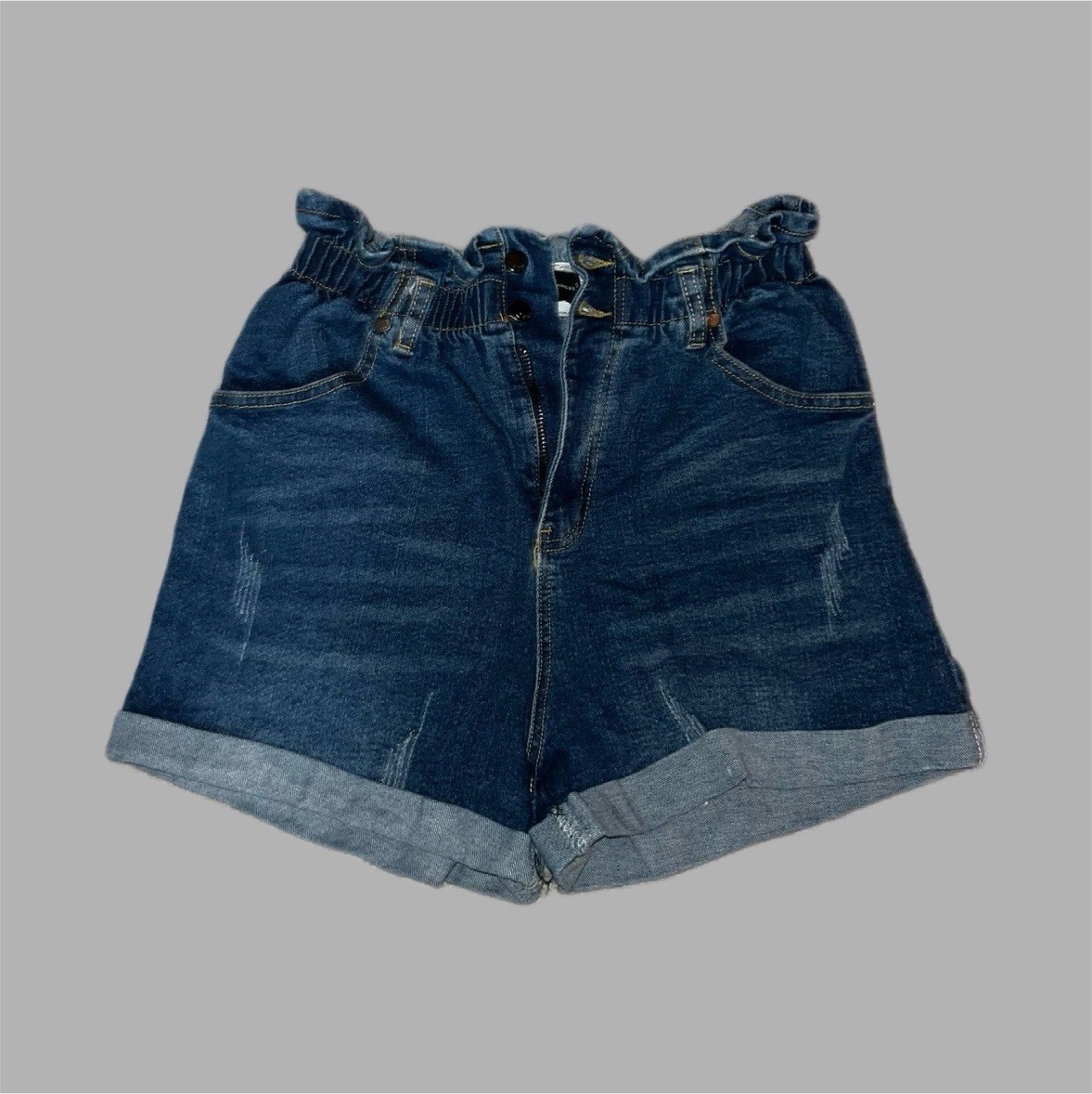 The Style Between Us Women’s Blue High Rise Denim Shorts M Cuffed Elastic 5-Pkt