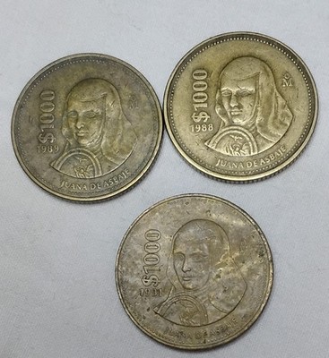 3 x $1000 PESOS MEXICO large world coin Juane De Asbaje LOOK NICE LOT OF 3