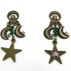 VTG Celestial Chandelier Earrings Bronze Tone Moon Star Green Crystal Whimsical