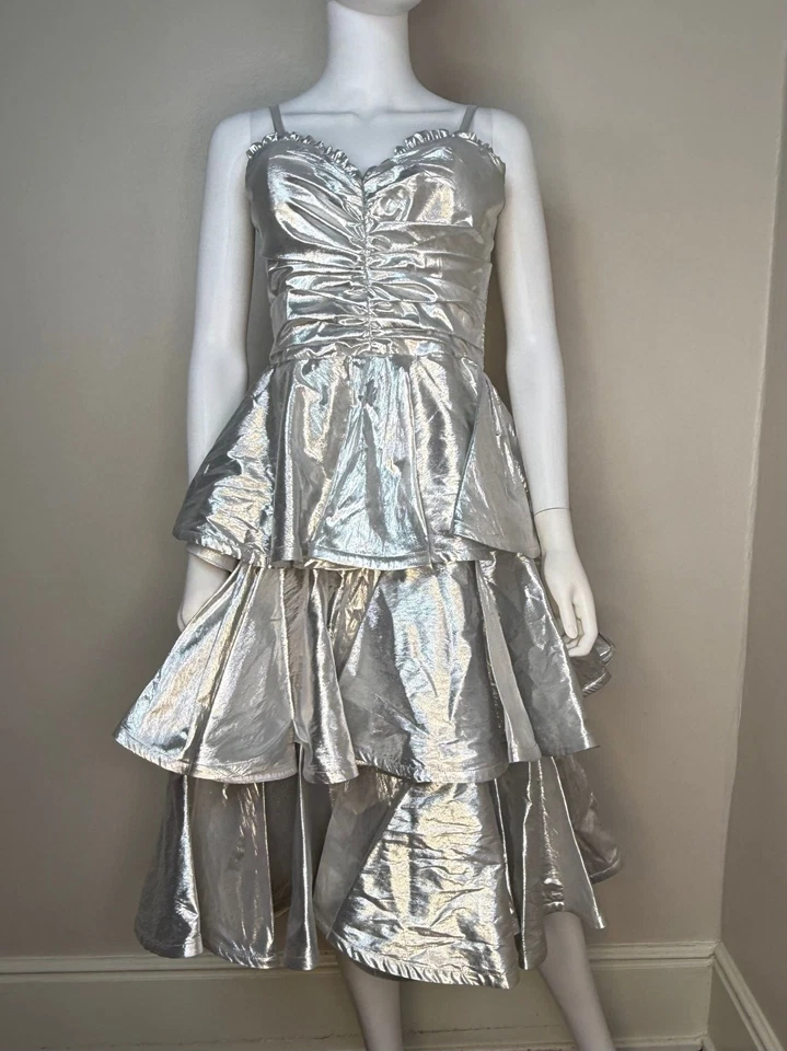Vestido coxo prata vintage década de 1980 Joy Stevens anos 80 formatura futurista brilhante metálico - Imagem 3 de 4